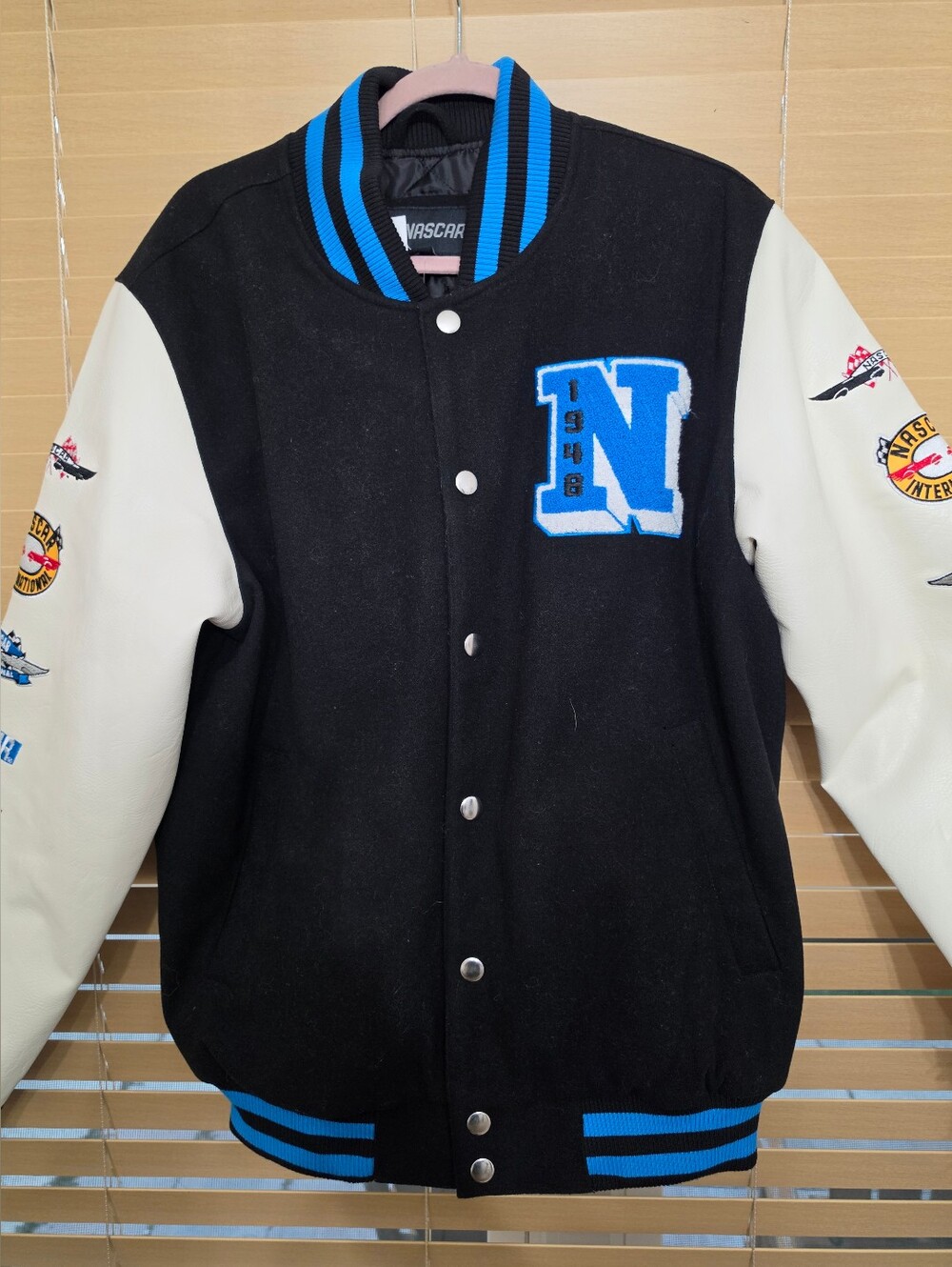 Nascar Black and Cream Varsity Jacket with Blue Trim